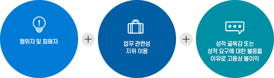 성희롱 성립 요건- 행위자 및 피해자+업무 관련성 지위 이용+성적 굴욕감 또는 성적 요구에 대한 불응을 이유로 고용상 불이익